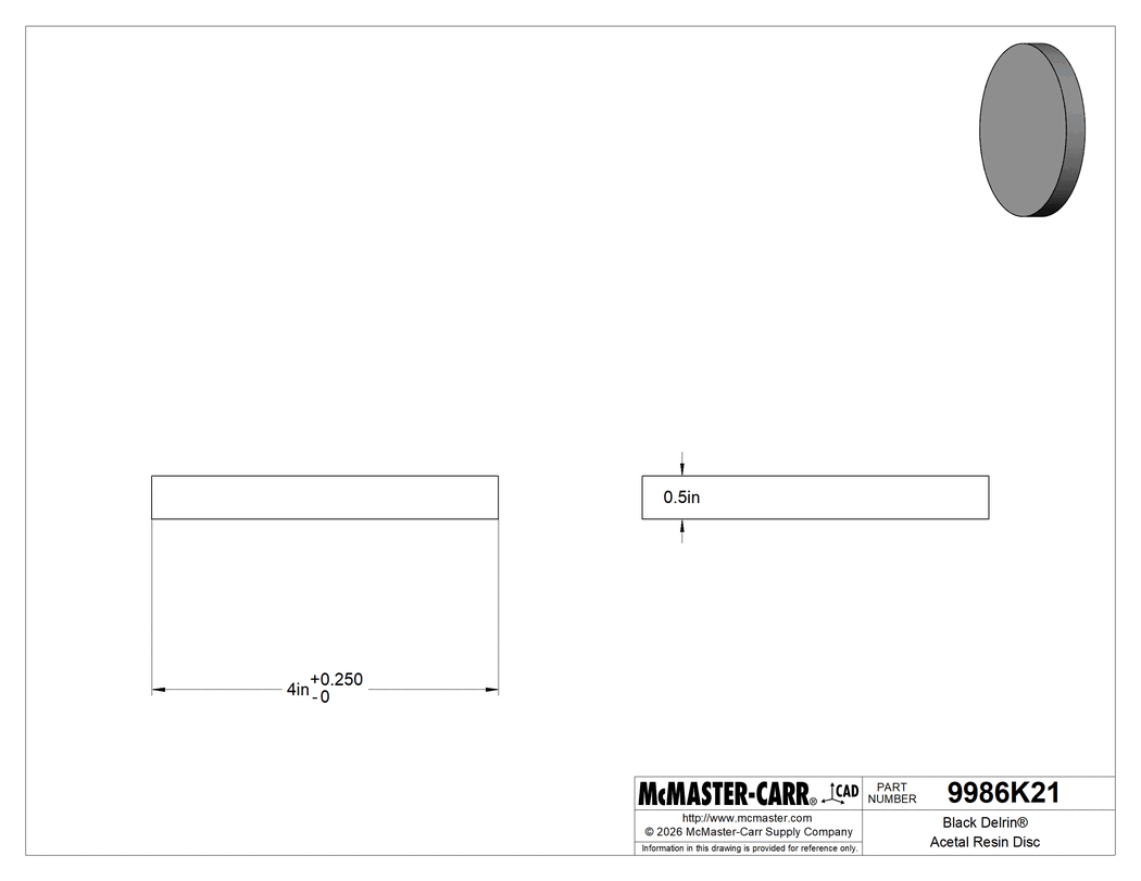 Technical Drawing of Black Delrin® Acetal Resin Disc, Wear-Resistant, Easy-to-Machine, 1/2" Long, 4" Diameter.